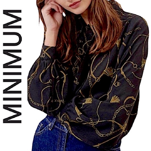 MINIMUM.NWT.”JOSEPHA”100% viscose button down long sleeve blouse.Black&gold.40/L - Picture 1 of 8